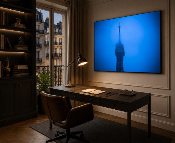 Großes Wandbild mit blauem, nebligem Turmmotiv in elegant beleuchtetem Homeoffice mit dunklem Schreibtisch und Regalwand.