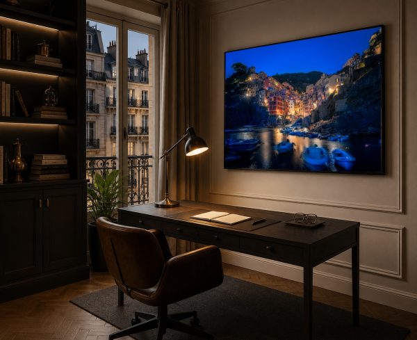 Großes Wandbild mit nächtlicher Küstenstadt und Booten über einem dunklen Schreibtisch in elegantem Homeoffice
