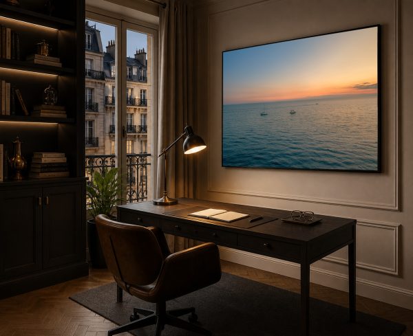 Großes Wandbild mit ruhigem Meer und Segelbooten bei Sonnenuntergang in einem stimmungsvoll beleuchteten Arbeitszimmer mit Schreibtisch.