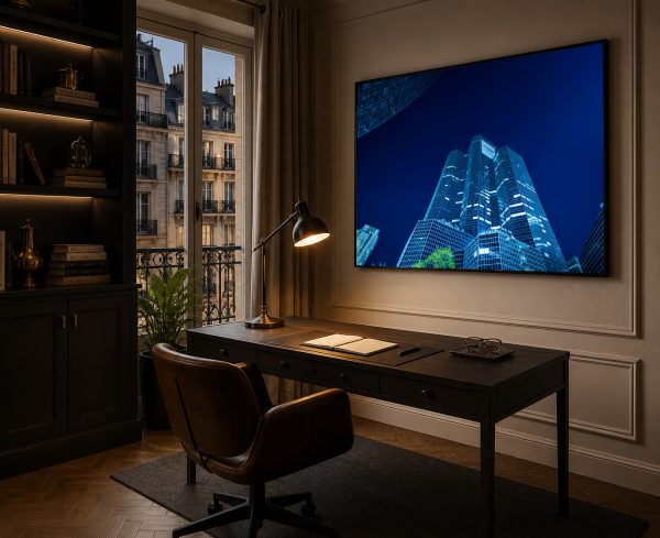 Fotografie hoher Glasbürotürme bei Nacht in Blau, als großes Wandbild über einem dunklen Holzschreibtisch im eleganten Arbeitszimmer