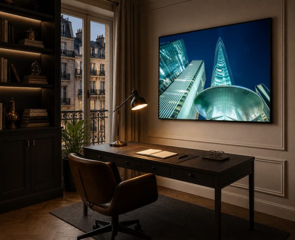 Großformatiges Foto futuristischer Hochhäuser bei Nacht in elegantem Homeoffice mit dunklem Schreibtisch und Sessel
