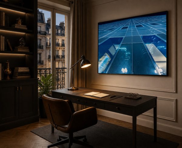 Großformatiges Foto einer blauen Glasfassade über einem dunklen Schreibtisch in elegantem Homeoffice mit Fensterfront.