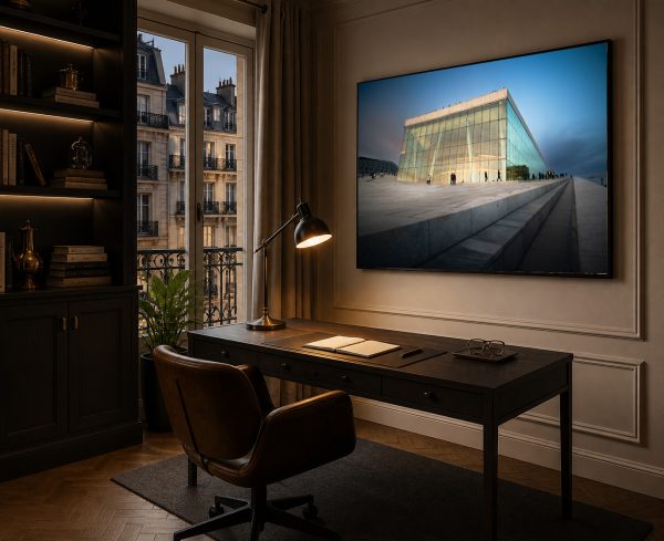 Fotografie eines modernen Glasgebäudes im Abendlicht in großem Rahmen über einem eleganten Homeoffice-Schreibtisch