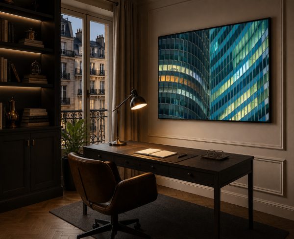 Großformatiges Foto einer beleuchteten Glasfassade über einem dunklen Schreibtisch in elegantem Home-Office mit Stadtblick.