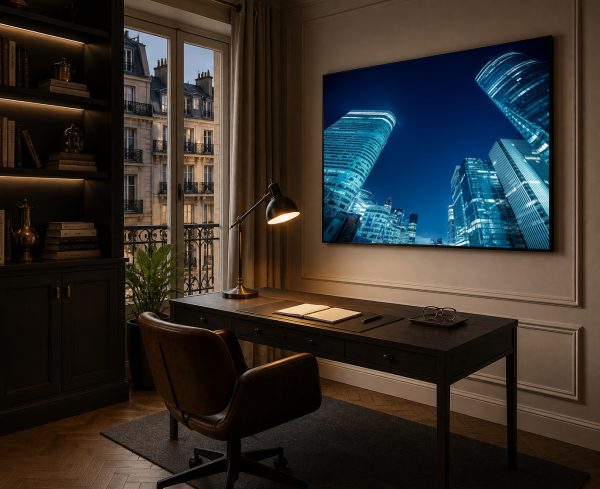 Großes Wandbild mit nächtlicher Glas-Hochhaus-Skyline in einem eleganten Arbeitszimmer mit Schreibtisch und Lederstuhl.