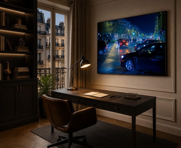 Großformatiges Foto einer nächtlichen, belebten Stadtstraße mit Autos an der Wand eines eleganten Homeoffice mit Schreibtisch.