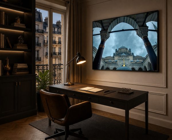 Fotografie einer Kuppelarchitektur mit Arkaden in einem elegant beleuchteten Arbeitszimmer mit Schreibtisch und Fensterfront.