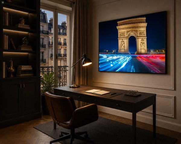 Großformatige Nachtaufnahme des Arc de Triomphe mit blauen und roten Lichtspuren in elegantem Arbeitszimmer mit Schreibtisch