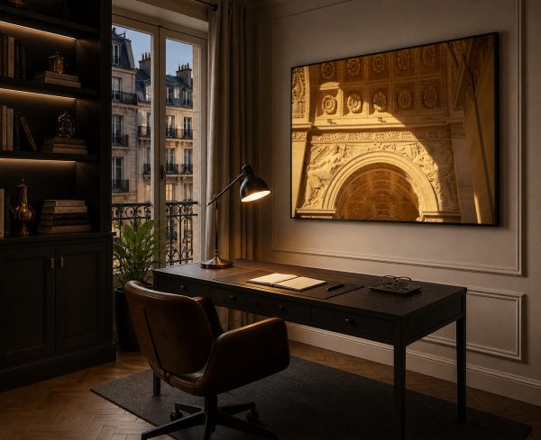 Großes Wandbild mit golden beleuchtetem Architekturrelief über einem dunklen Schreibtisch in elegantem Arbeitszimmer mit Stadtblick.