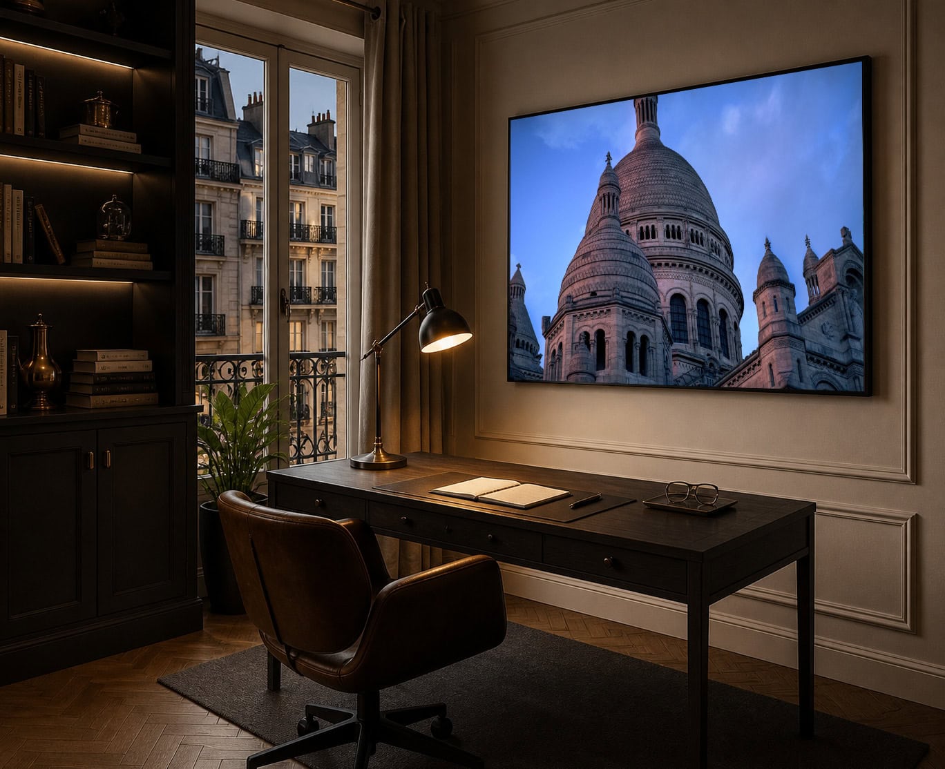 Fotografie monumentaler Kuppelarchitektur im Abendlicht, als großformatiges Wandbild in einem eleganten Arbeitszimmer mit Schreibtisch.