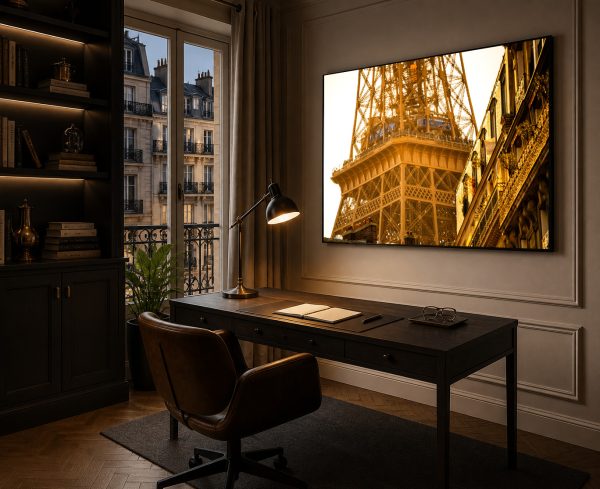 Großes Wandbild mit goldenem Eiffel-Turm-Detail über dunklem Schreibtisch in stilvollem Arbeitszimmer mit Fensterfront.