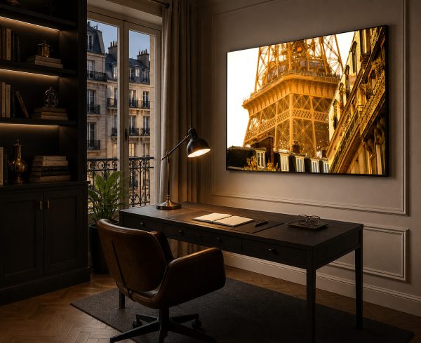 Großes Wandbild mit golden beleuchtetem Eiffelturm-Ausschnitt in einem stimmungsvoll beleuchteten Arbeitszimmer mit Schreibtisch.