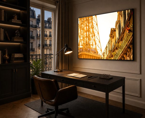 Großer gerahmter Fotokunstdruck mit golden beleuchtetem Stadtmotiv über dunklem Schreibtisch in stilvollem Home-Office
