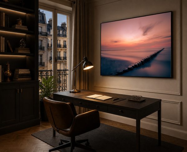 Großes Wandbild mit ruhiger Küstenlandschaft bei Sonnenuntergang über einem dunklen Schreibtisch in elegantem Arbeitszimmer.