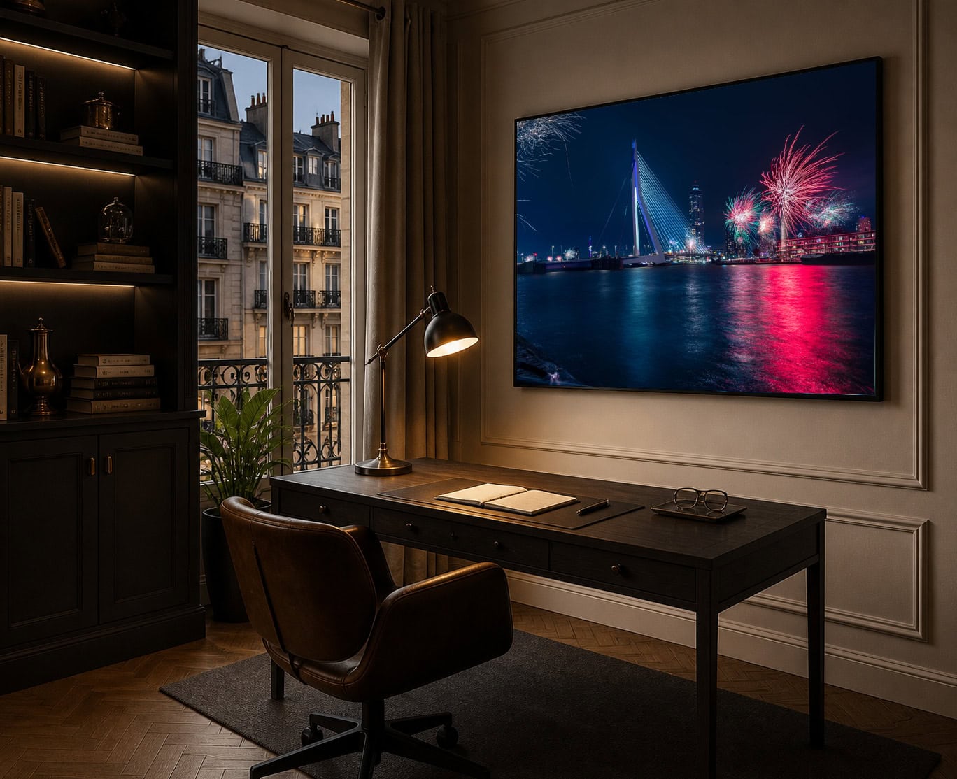 Fotografie einer hell erleuchteten Brücke mit Feuerwerk über einem Fluss bei Nacht, gerahmt in elegantem Arbeitszimmer