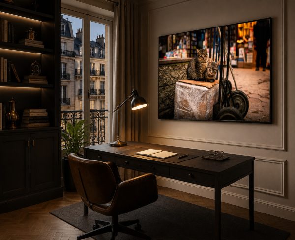 Fotografie von zwei Katzen auf einem Kartonkasten in einer Stadtgasse, als großformatiger Kunstdruck in einem eleganten Arbeitszimmer über dem Schreibtisch