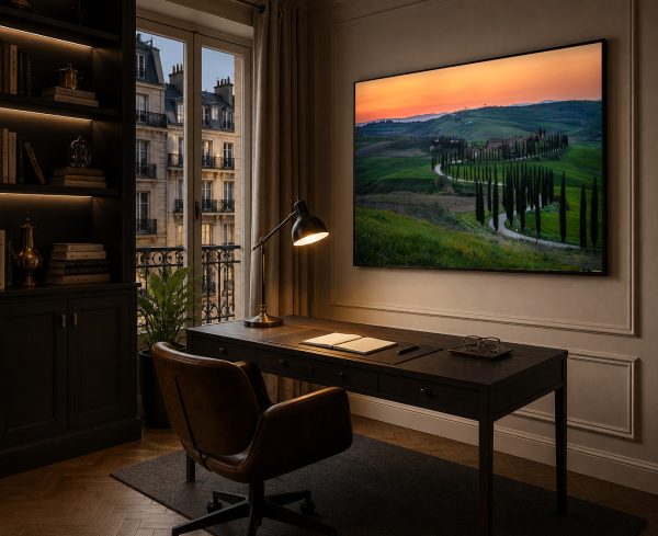 Großer Landschafts-Kunstdruck mit Zypressenallee im Sonnenuntergang in elegantem Arbeitszimmer mit Schreibtisch und Bücherregal