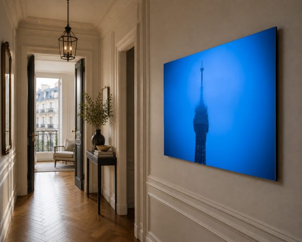 Fotografie eines Turms im Nebel auf blauem Hintergrund in elegantem Flur mit Konsole und Blick auf Stadtfassaden
