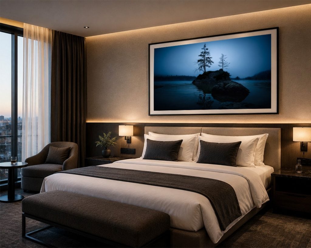 Großes gerahmtes Foto eines dunklen Sees mit Felsen und Bäumen über einem modernen Doppelbett im Hotelzimmer