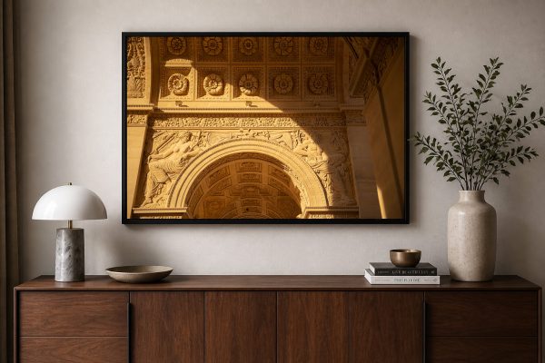 Fotografie eines reich verzierten Steinbogens im warmen Licht, gerahmt über einem modernen Sideboard mit Lampe, Büchern und Vase