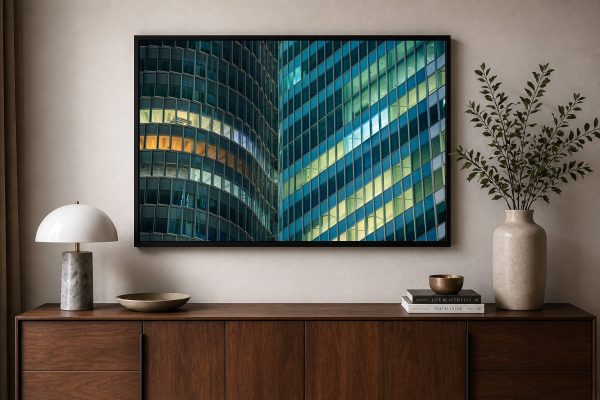 Fotografie zweier moderner Glasfassaden mit leuchtenden Fenstern, gerahmt über einem Sideboard in elegantem Wohnzimmerinterior