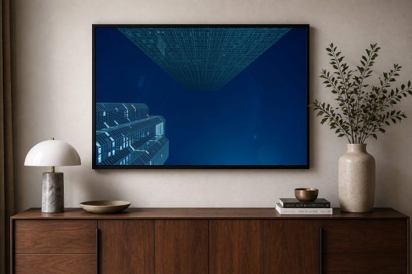 Gerahmtes Wandbild mit blauen Hochhäusern bei Nacht über Sideboard mit Lampe, Büchern und Vase im modernen Wohnzimmer