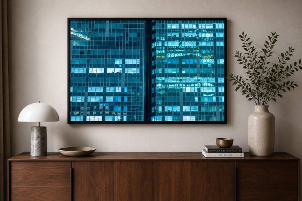 Fotografie einer blauen Glasfassade mit Fenster-Raster in schwarzem Rahmen über einem modernen Holz-Sideboard.