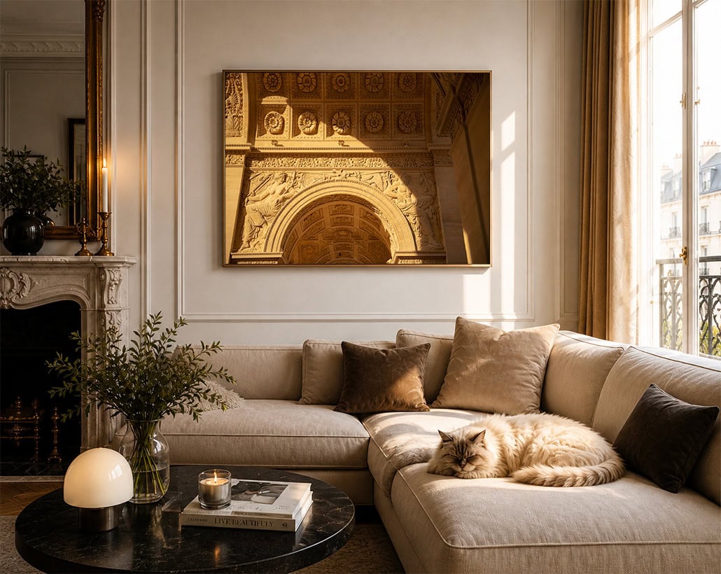 Fotografie eines reich verzierten Steinbogens im warmen Sonnenlicht über einem hellen Sofa in elegantem Wohnzimmer