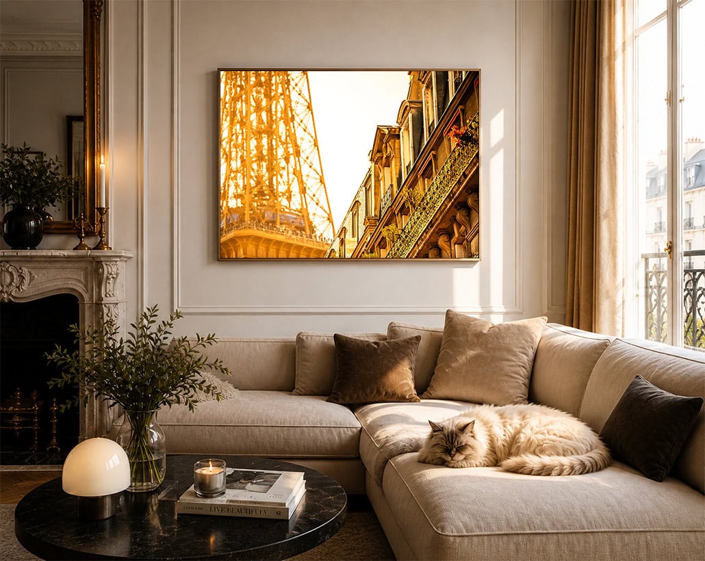 Fotografie eines Turms und klassischer Häuserfassaden im goldenen Licht, gerahmt über einem eleganten Wohnzimmer-Sofa mit Katze.