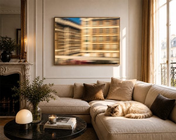 Großes Foto einer unscharfen Stadtfassade über beigem Ecksofa in elegantem Wohnzimmer mit Katze